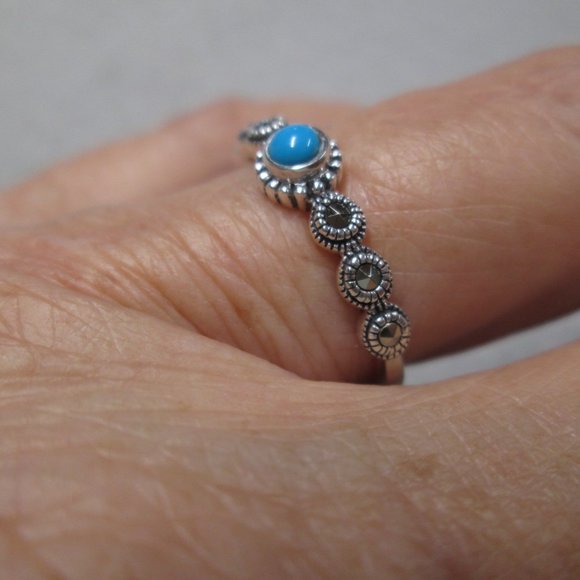 TURQUOISE & MARCASITE 925 Sterling Silver Ring> Dainty, Promise,Love,Non Tarnish - Picture 3 of 6